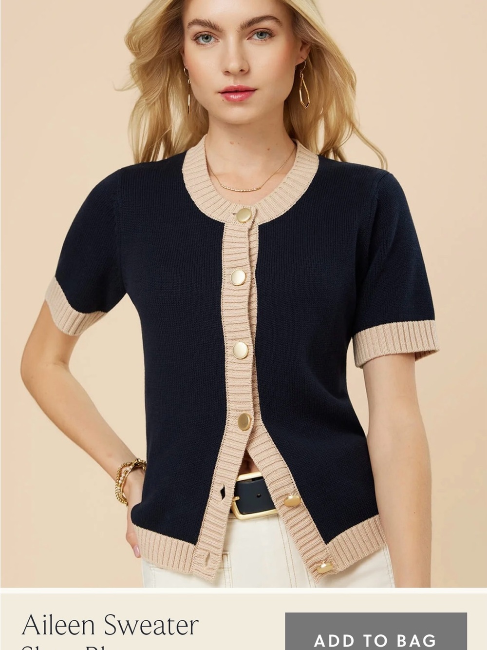 Spartina 449 Navy Short-Sleeve Cardigan with Cream Trim